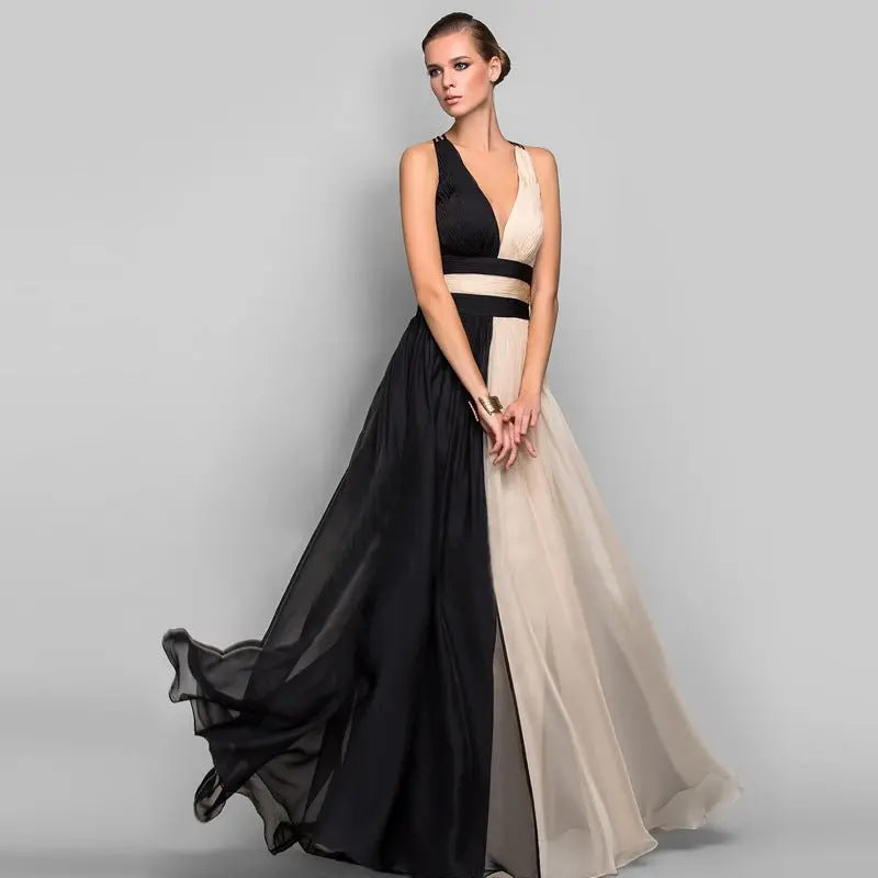 Chiffon Contrast Color Evening Gown Sleeveless V-neck Splicing Long Gown - Blade & Thread