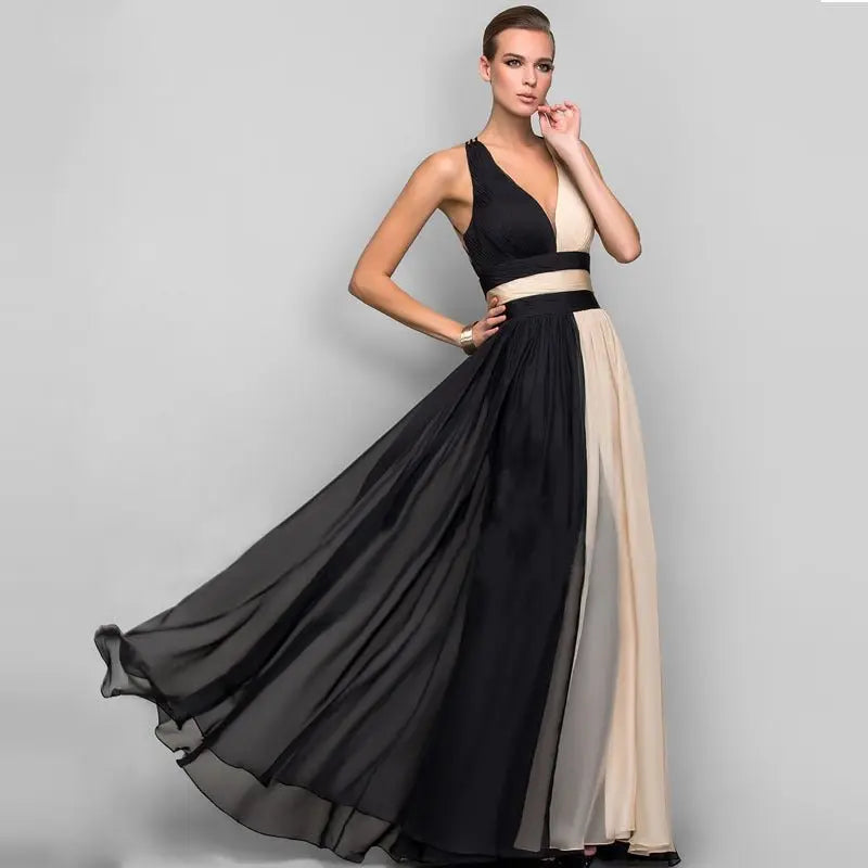 Chiffon Contrast Color Evening Gown Sleeveless V-neck Splicing Long Gown - Blade & Thread