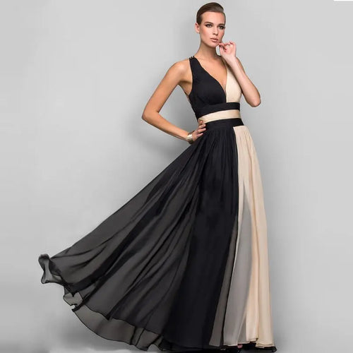Chiffon Contrast Color Evening Gown Sleeveless V-neck Splicing Long Gown nowadaysfashion