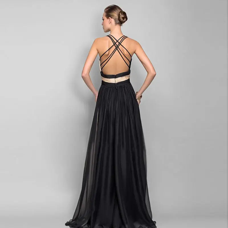 Chiffon Contrast Color Evening Gown Sleeveless V-neck Splicing Long Gown - Blade & Thread