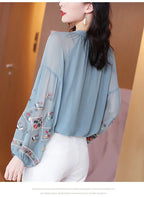 Chiffon Embroidery Blouse Long Lantern Sleeve Loose Top Casual Wear Oversize Casual Wear nowadaysfashion