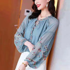 Chiffon Embroidery Blouse Long Lantern Sleeve Loose Top Casual Wear Oversize Casual Wear nowadaysfashion
