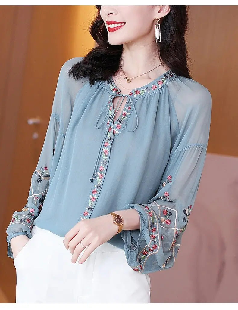 Chiffon Embroidery Blouse Long Lantern Sleeve Loose Top Casual Wear Oversize Casual Wear - Blade & Thread