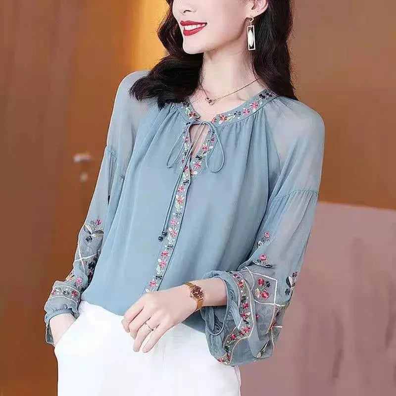 Chiffon Embroidery Blouse Long Lantern Sleeve Loose Top Casual Wear Oversize Casual Wear nowadaysfashion