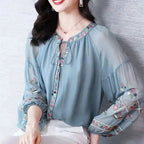 Chiffon Embroidery Blouse Long Lantern Sleeve Loose Top Casual Wear Oversize Casual Wear nowadaysfashion