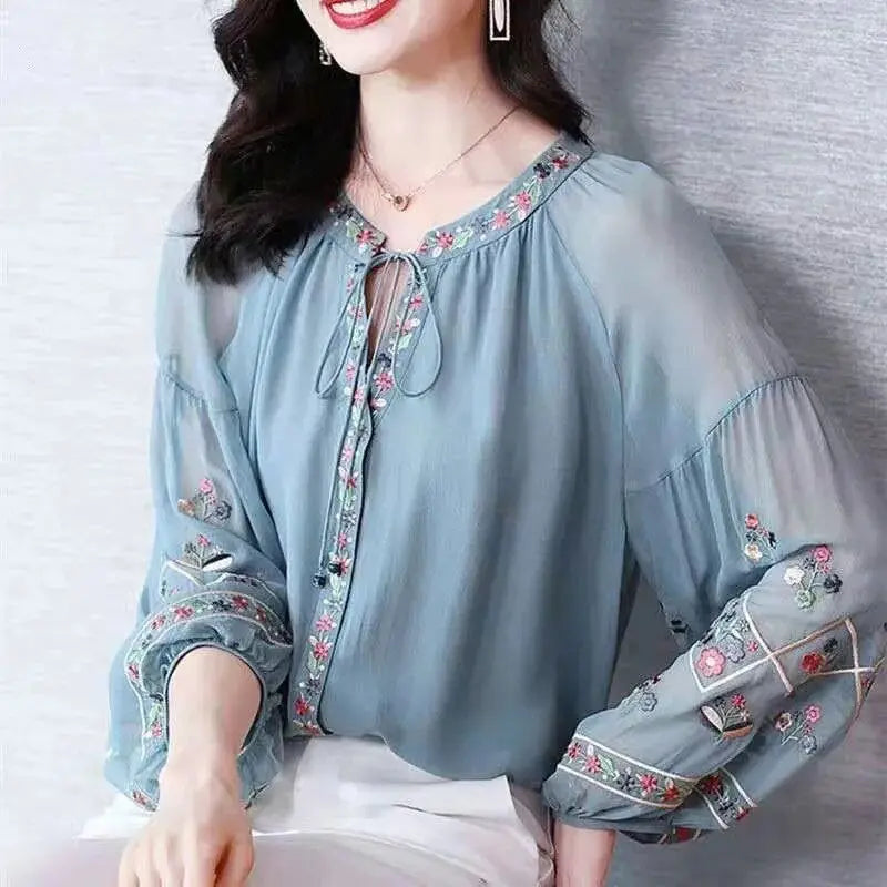 Chiffon Embroidery Blouse Long Lantern Sleeve Loose Top Casual Wear Oversize Casual Wear nowadaysfashion
