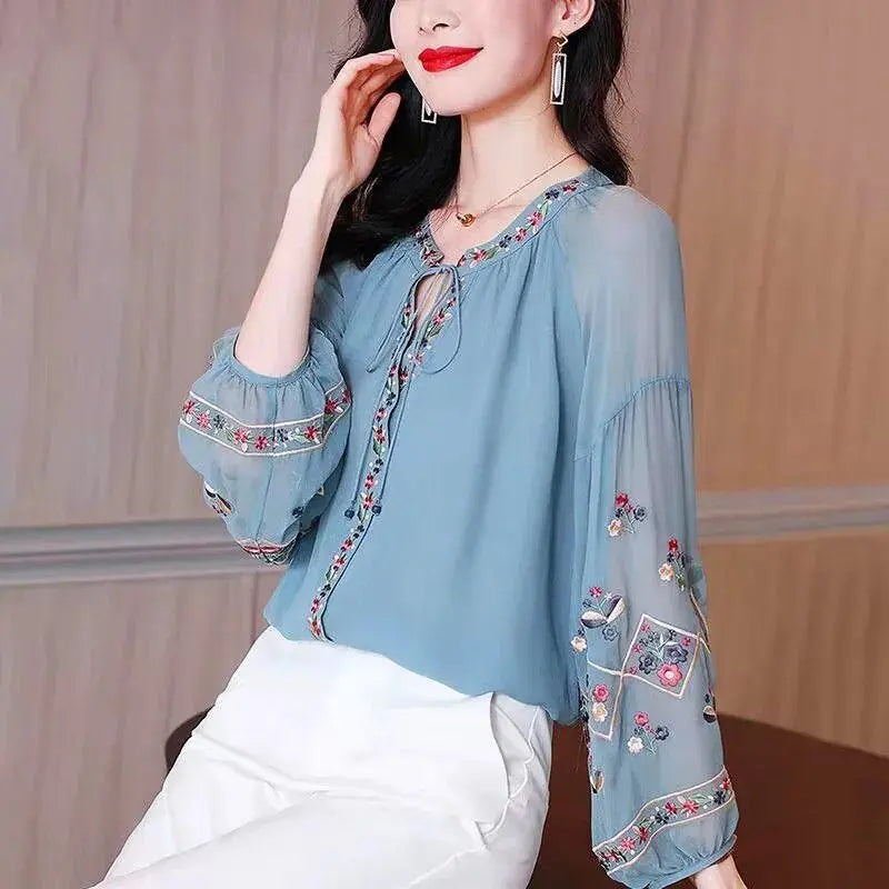 Chiffon Embroidery Blouse Long Lantern Sleeve Loose Top Casual Wear Oversize Casual Wear - Blade & Thread