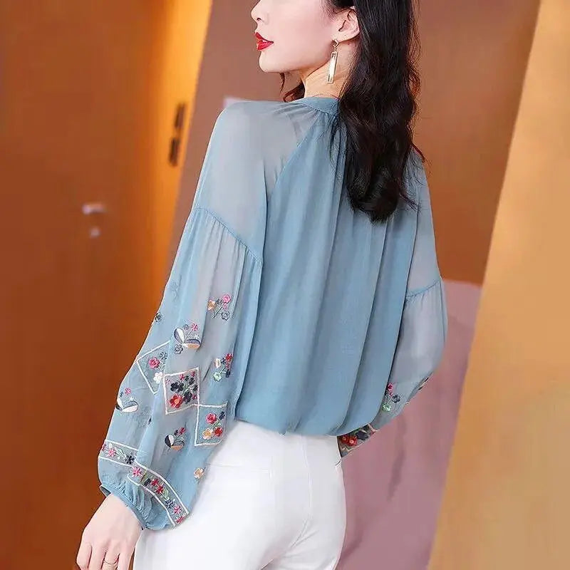 Chiffon Embroidery Blouse Long Lantern Sleeve Loose Top Casual Wear Oversize Casual Wear - Blade & Thread
