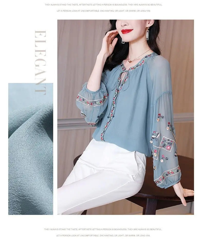 Chiffon Embroidery Blouse Long Lantern Sleeve Loose Top Casual Wear Oversize Casual Wear - Blade & Thread