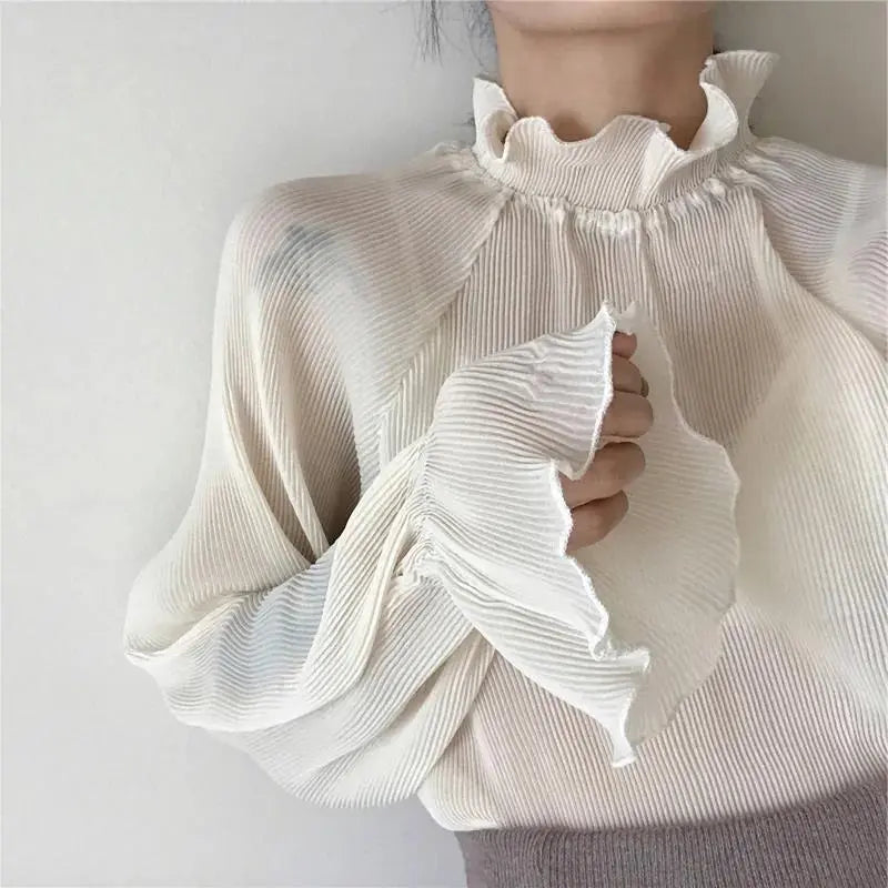 Chiffon Shirts Retro Elegant Ruffled Collar Lace Bottoming Shirt Women Lantern Sleeve Tops nowadaysfashion