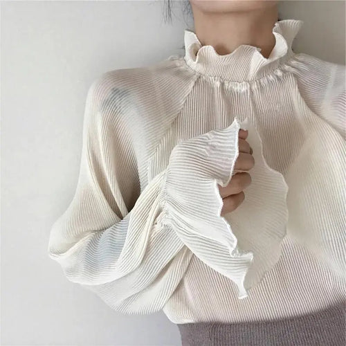Chiffon Shirts Retro Elegant Ruffled Collar Lace Bottoming Shirt Women Lantern Sleeve Tops nowadaysfashion