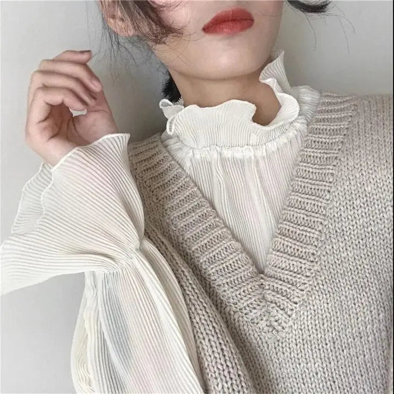 Chiffon Shirts Retro Elegant Ruffled Collar Lace Bottoming Shirt Women Lantern Sleeve Tops - Blade & Thread