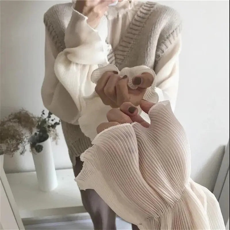 Chiffon Shirts Retro Elegant Ruffled Collar Lace Bottoming Shirt Women Lantern Sleeve Tops - Blade & Thread