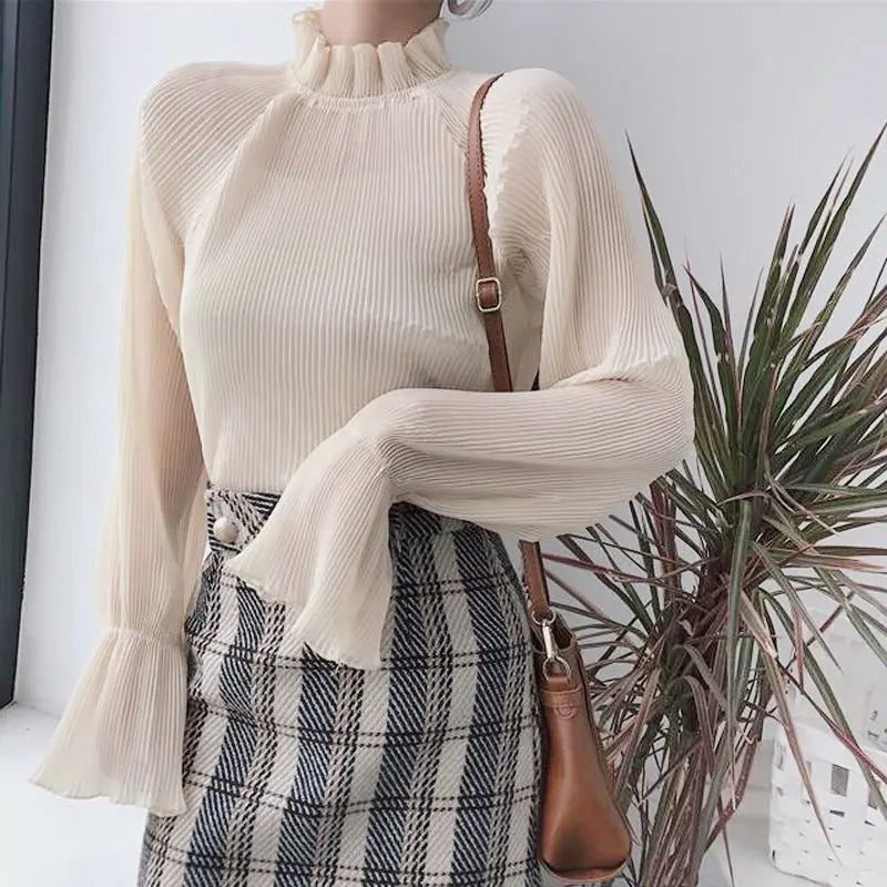Chiffon Shirts Retro Elegant Ruffled Collar Lace Bottoming Shirt Women Lantern Sleeve Tops - Blade & Thread