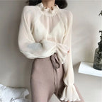 Chiffon Shirts Retro Elegant Ruffled Collar Lace Bottoming Shirt Women Lantern Sleeve Tops nowadaysfashion