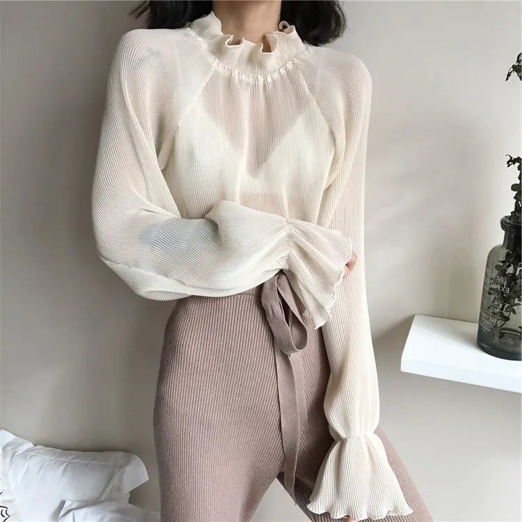 Chiffon Shirts Retro Elegant Ruffled Collar Lace Bottoming Shirt Women Lantern Sleeve Tops - Blade & Thread