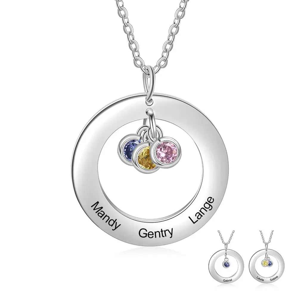 Circle Necklace with 1-3 Birthstones Custom Round Pendant Name Necklace nowadaysfashion