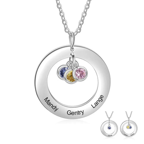 Circle Necklace with 1-3 Birthstones Custom Round Pendant Name Necklace nowadaysfashion