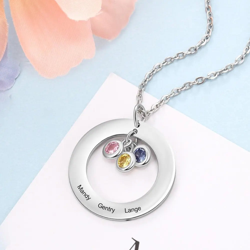 Circle Necklace with 1-3 Birthstones Custom Round Pendant Name Necklace - Blade & Thread