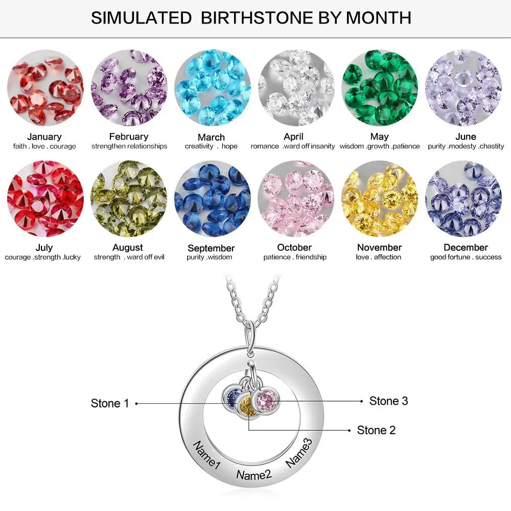 Circle Necklace with 1-3 Birthstones Custom Round Pendant Name Necklace nowadaysfashion