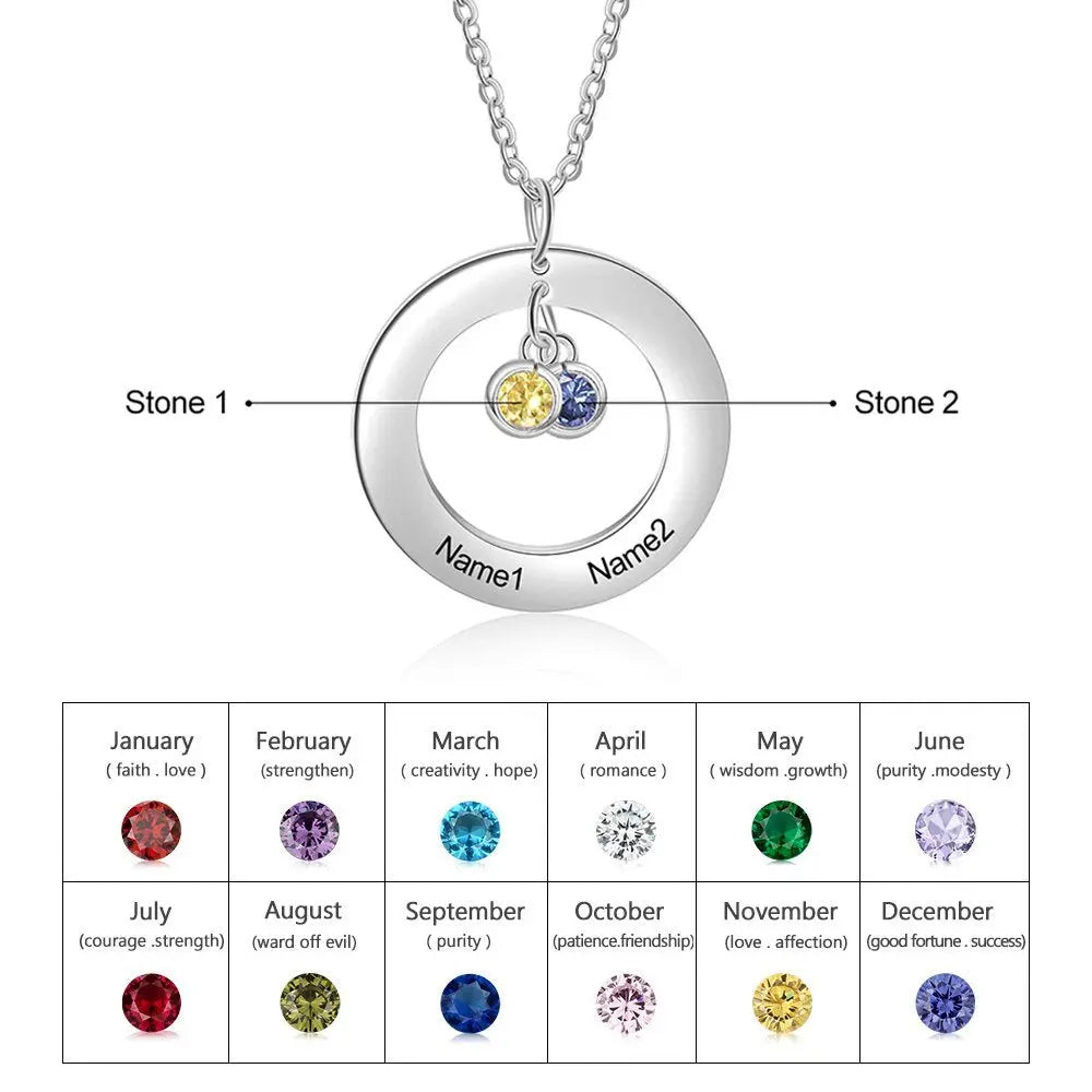 Circle Necklace with 1-3 Birthstones Custom Round Pendant Name Necklace nowadaysfashion