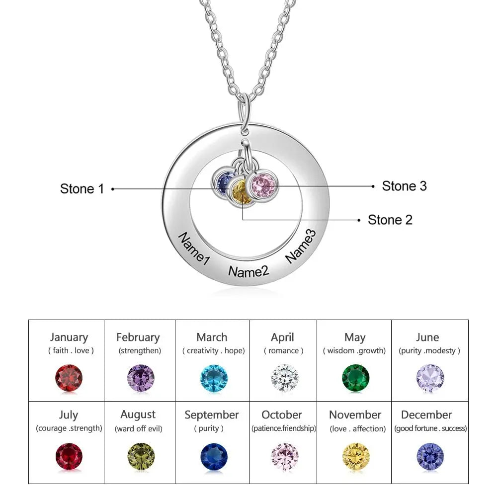 Circle Necklace with 1-3 Birthstones Custom Round Pendant Name Necklace - Blade & Thread