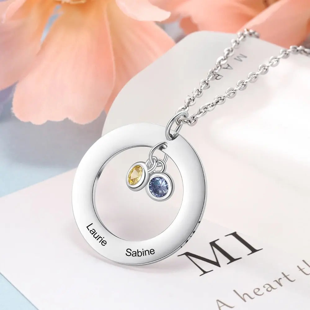Circle Necklace with 1-3 Birthstones Custom Round Pendant Name Necklace - Blade & Thread