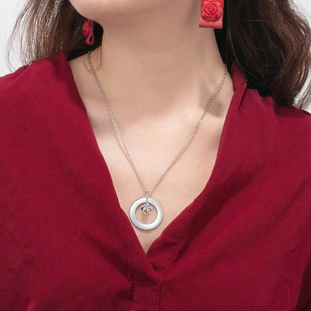 Circle Necklace with 1-3 Birthstones Custom Round Pendant Name Necklace - Blade & Thread