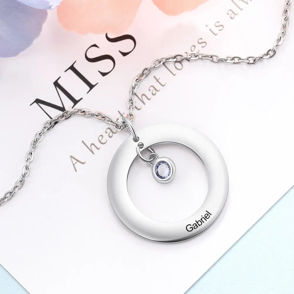 Circle Necklace with 1-3 Birthstones Custom Round Pendant Name Necklace nowadaysfashion