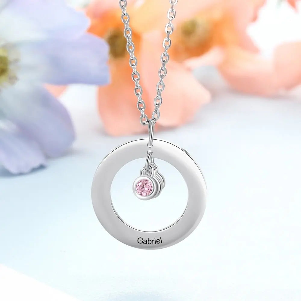 Circle Necklace with 1-3 Birthstones Custom Round Pendant Name Necklace - Blade & Thread