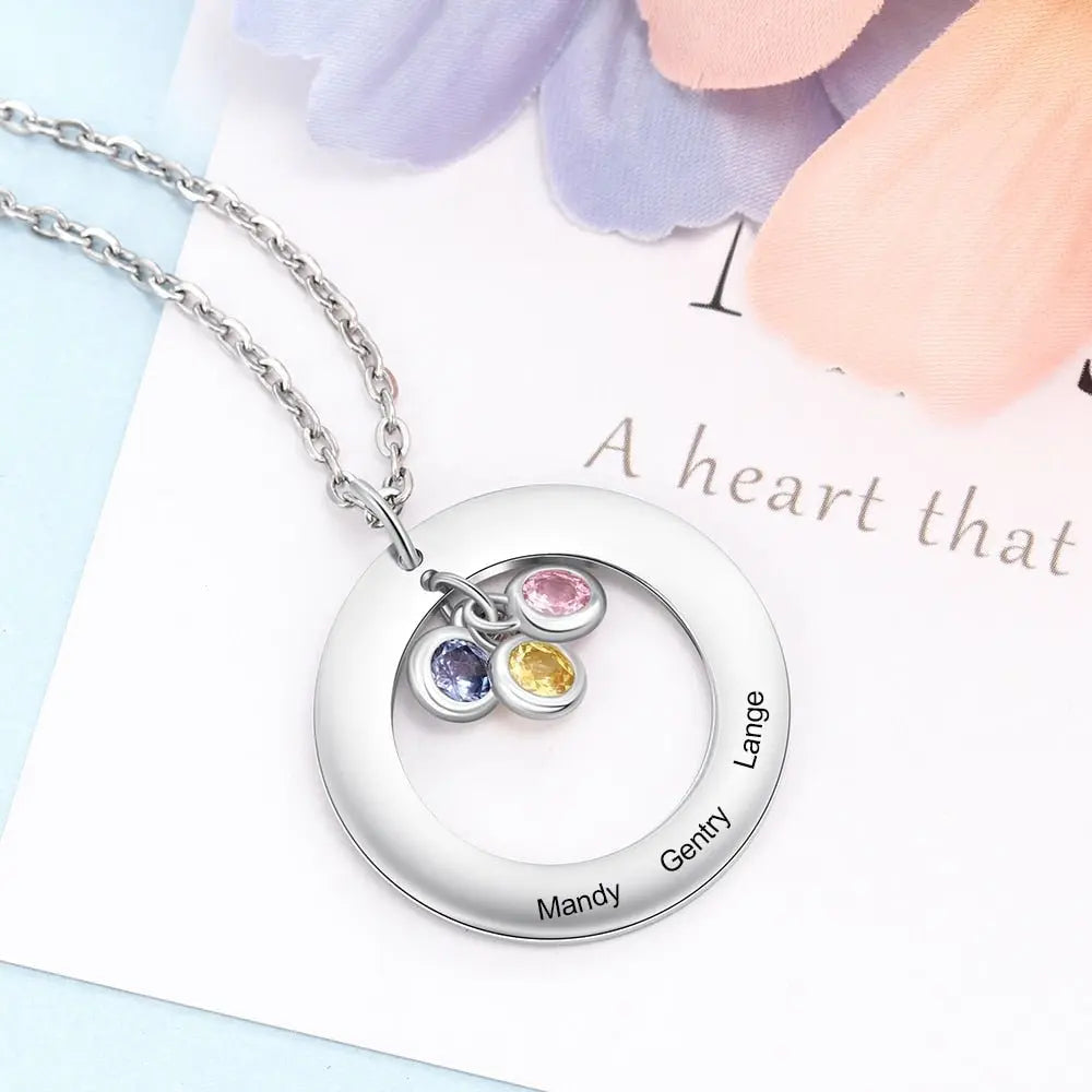 Circle Necklace with 1-3 Birthstones Custom Round Pendant Name Necklace - Blade & Thread