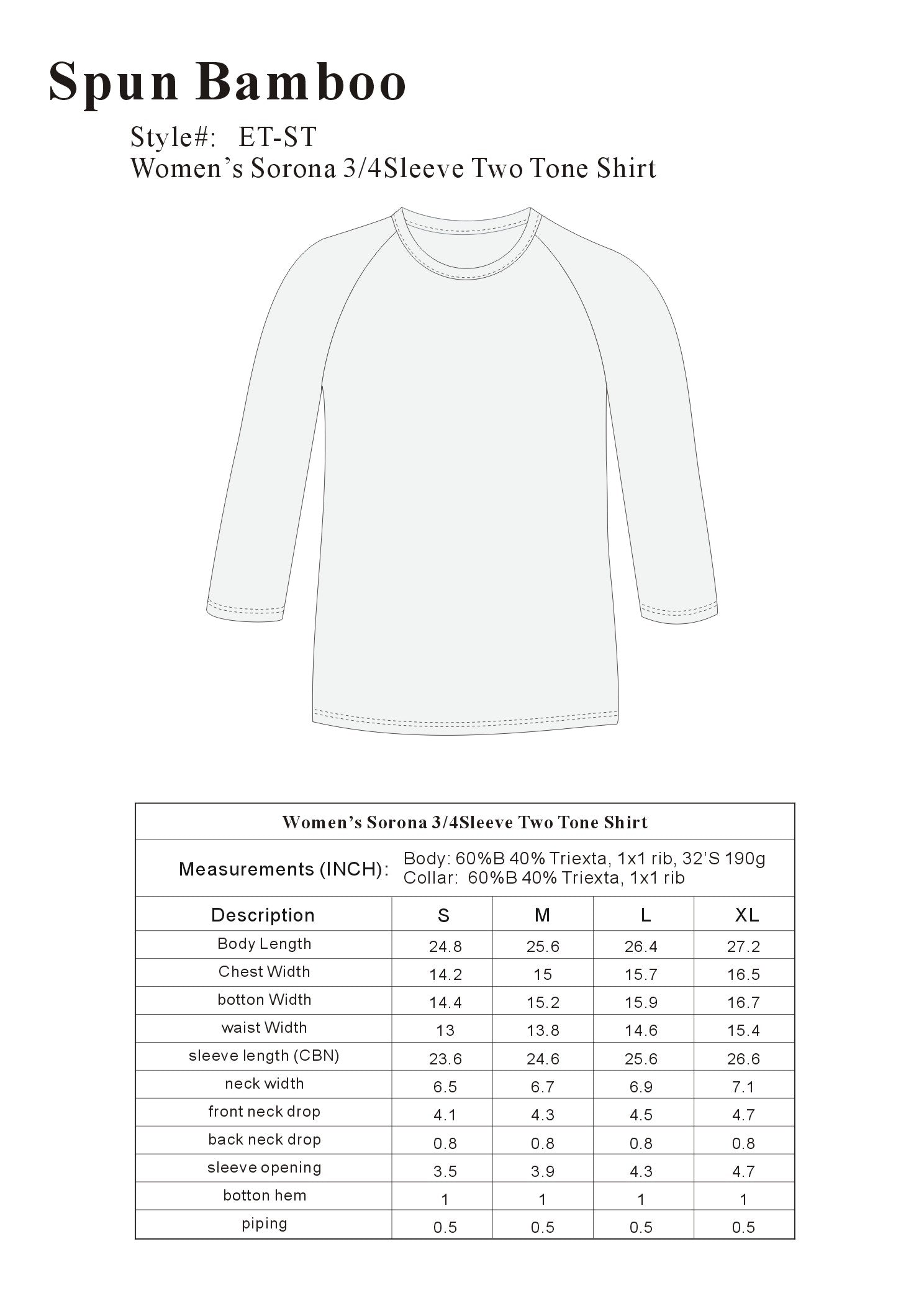 Clearance Women's Bamboo Viscose/Sorona 3/4 Sleeve T-Shirt Spun Bamboo