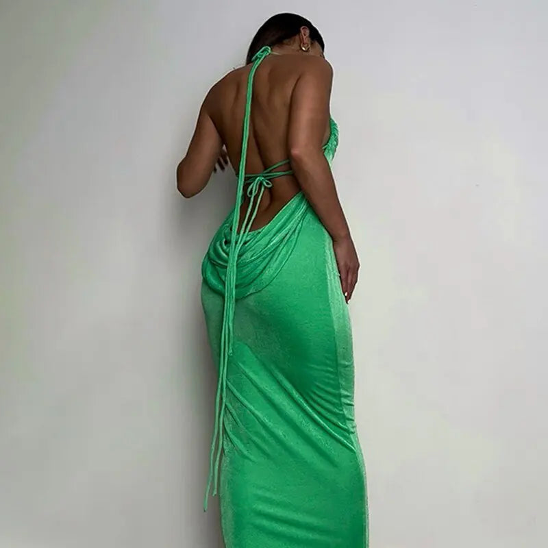 Collar Backless Sleeveless Drawstrings Hollow Out Slit Sexy Maxi Prom Dress - Blade & Thread