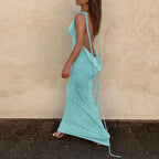 Collar Backless Sleeveless Drawstrings Hollow Out Slit Sexy Maxi Prom Dress nowadaysfashion