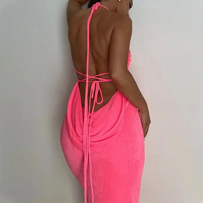 Collar Backless Sleeveless Drawstrings Hollow Out Slit Sexy Maxi Prom Dress nowadaysfashion