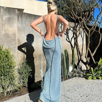 Collar Backless Sleeveless Drawstrings Hollow Out Slit Sexy Maxi Prom Dress nowadaysfashion