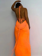 Collar Backless Sleeveless Drawstrings Hollow Out Slit Sexy Maxi Prom Dress nowadaysfashion