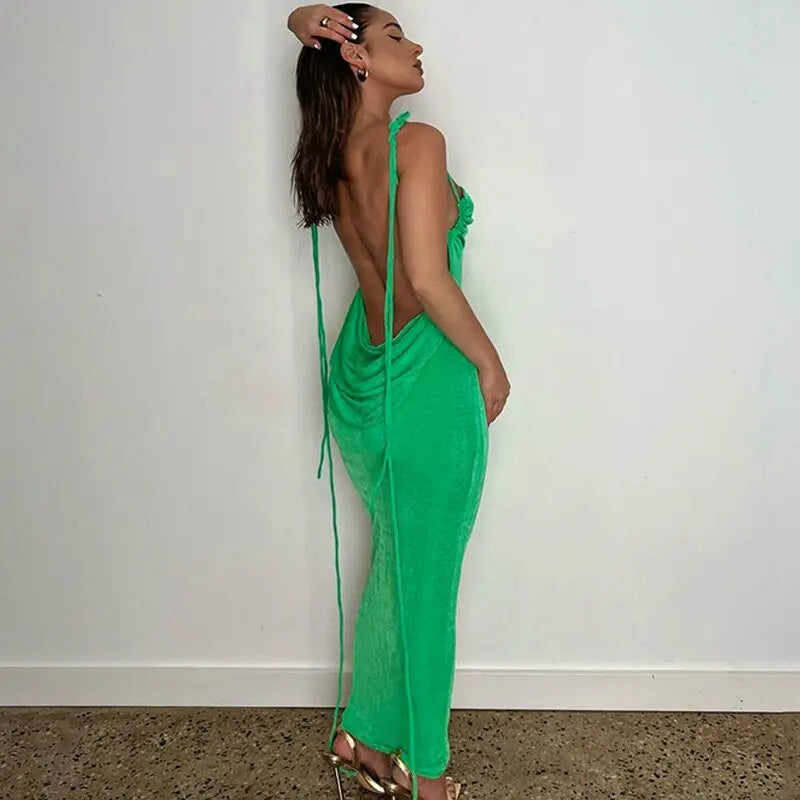 Collar Backless Sleeveless Drawstrings Hollow Out Slit Sexy Maxi Prom Dress - Blade & Thread