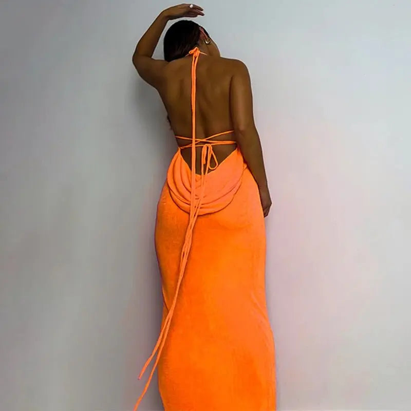Collar Backless Sleeveless Drawstrings Hollow Out Slit Sexy Maxi Prom Dress nowadaysfashion