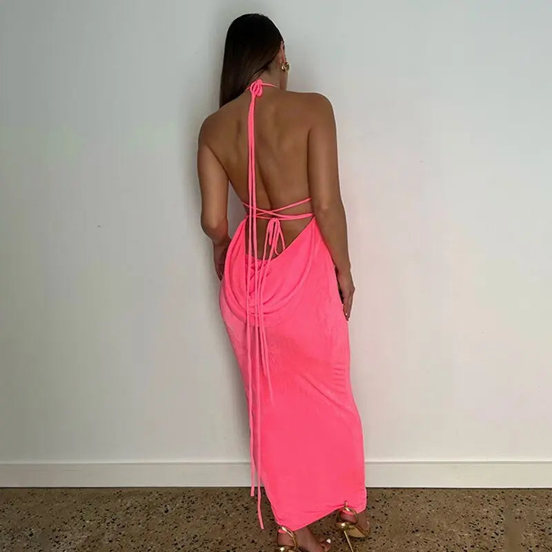 Collar Backless Sleeveless Drawstrings Hollow Out Slit Sexy Maxi Prom Dress - Blade & Thread