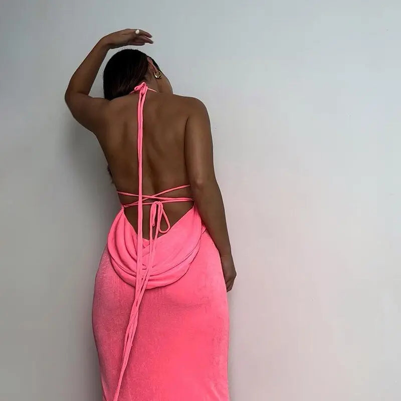 Collar Backless Sleeveless Drawstrings Hollow Out Slit Sexy Maxi Prom Dress nowadaysfashion