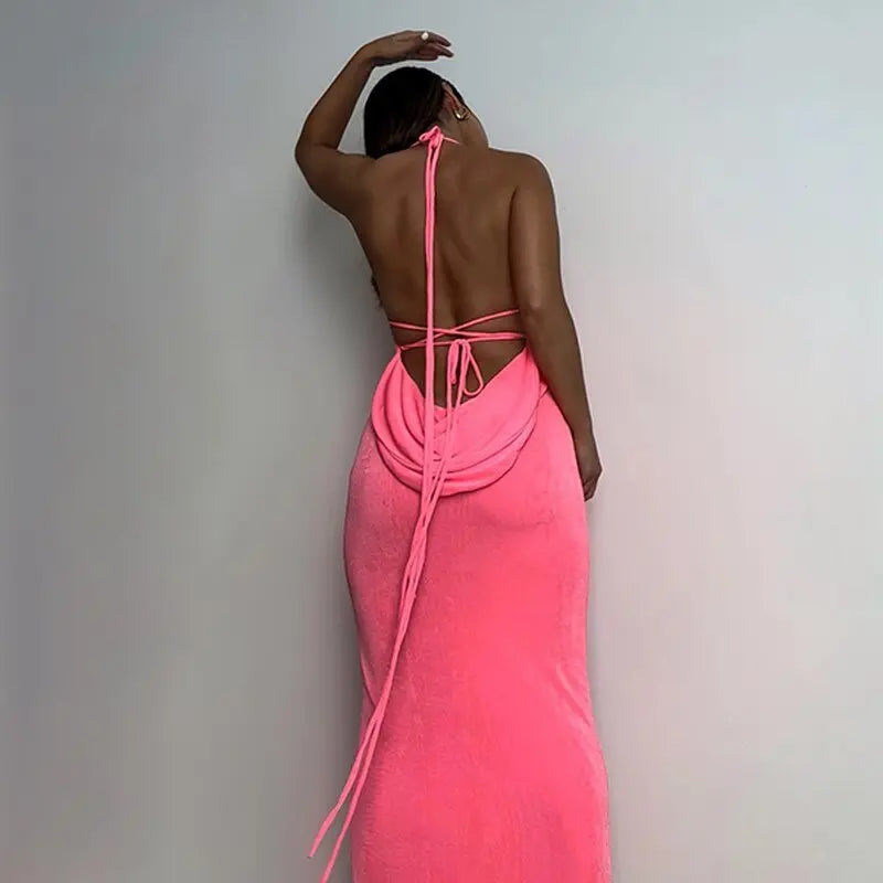 Collar Backless Sleeveless Drawstrings Hollow Out Slit Sexy Maxi Prom Dress - Blade & Thread