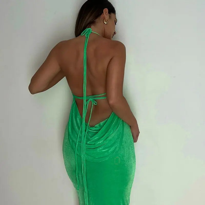 Collar Backless Sleeveless Drawstrings Hollow Out Slit Sexy Maxi Prom Dress - Blade & Thread