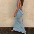 Collar Backless Sleeveless Drawstrings Hollow Out Slit Sexy Maxi Prom Dress nowadaysfashion