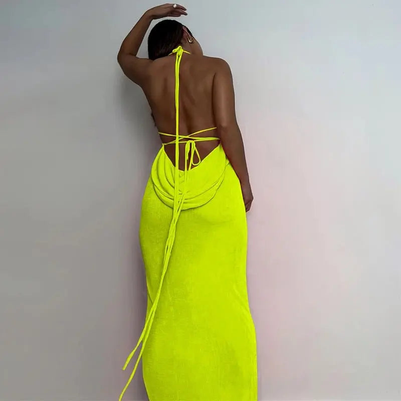 Collar Backless Sleeveless Drawstrings Hollow Out Slit Sexy Maxi Prom Dress nowadaysfashion