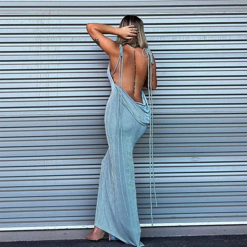 Collar Backless Sleeveless Drawstrings Hollow Out Slit Sexy Maxi Prom Dress - Blade & Thread