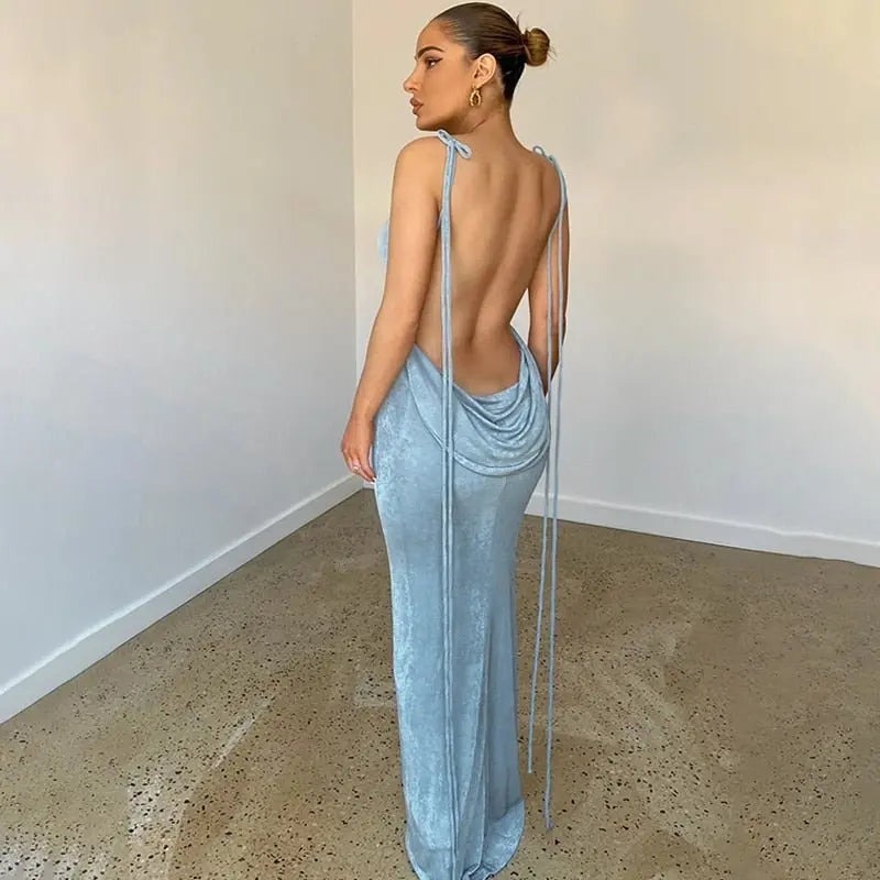 Collar Backless Sleeveless Drawstrings Hollow Out Slit Sexy Maxi Prom Dress nowadaysfashion