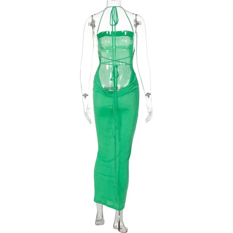Collar Backless Sleeveless Drawstrings Hollow Out Slit Sexy Maxi Prom Dress nowadaysfashion
