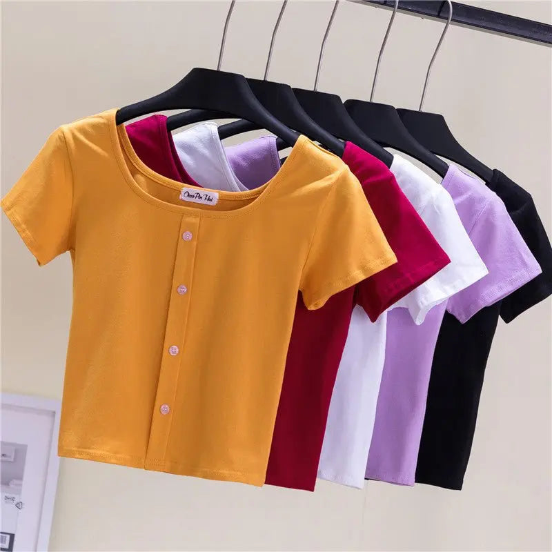 Collarbone Square Neck High Waist Navel T-Shirt Top - Blade & Thread