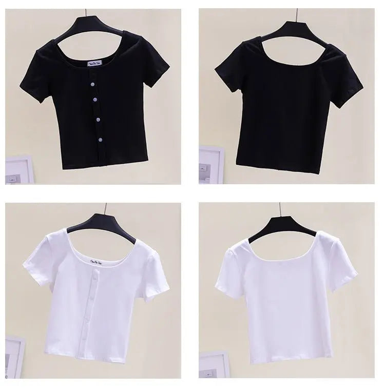 Collarbone Square Neck High Waist Navel T-Shirt Top - Blade & Thread